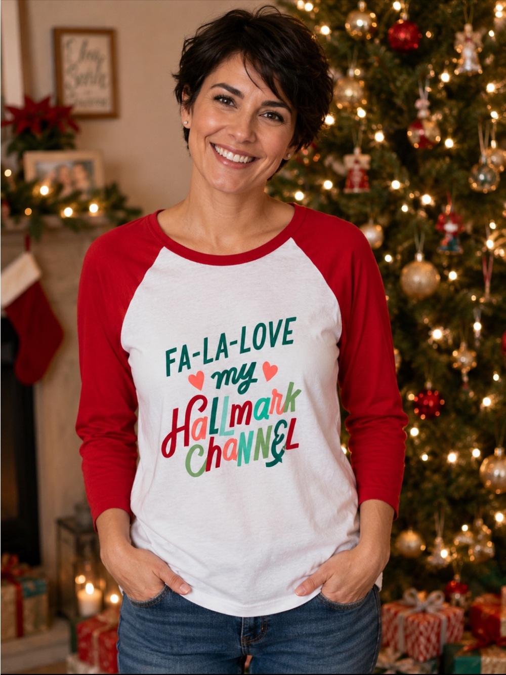 Hallmark ‘Fa-La-Love My Hallmark‎ Channel’ Graphic Raglan 3/4 Sleeve Tee. Large.